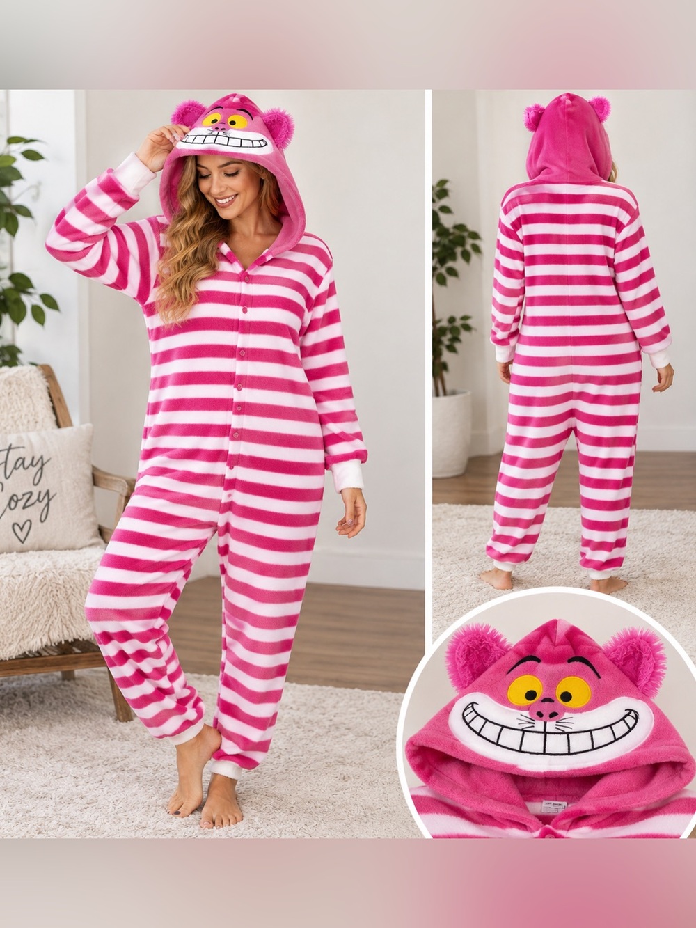 Beauty Shine Cheshire Cat Pink White Striped Fleece Onesie Pajama Costume Size L
